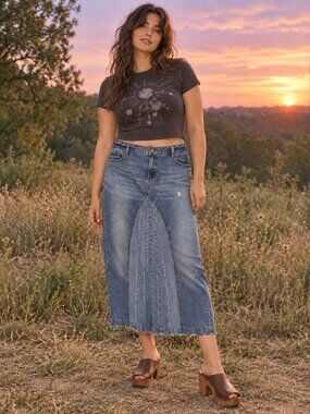Vintage Y2 Denim Maxi Long Jean Skirt 16 Grunge Godet Panel Distressed